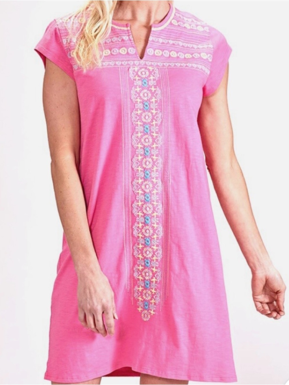 Fresh Produce Pink Embroidered Knit Cotton Shift Knee-Length Split Neck Dress S